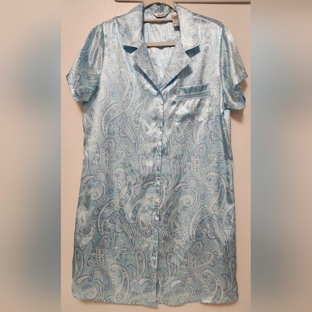 Adonna Satin Blue White Paisley Night Shirt Sz L NWOT